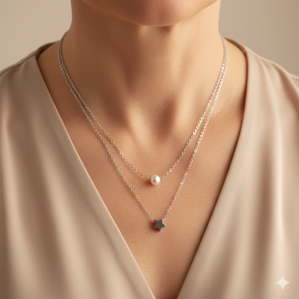 Gestapelter Silberstern &amp; Halskette